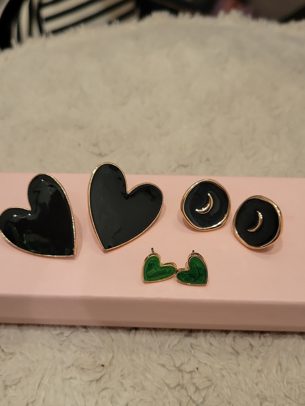 Black and Green Heart & Moon Stud Earrings - Women Jewelry
